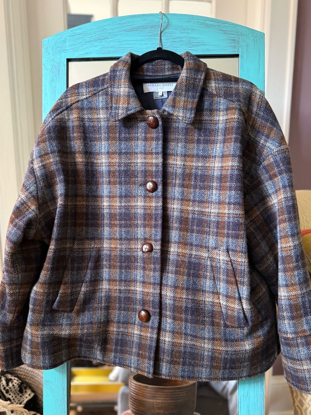 Gerard Darel Plaid Wool-Blend Jacket in Brown & Blue